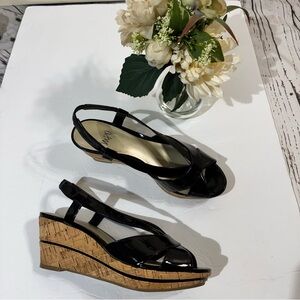 Impo Black Patent Grandeur Wedge Sandals 7M